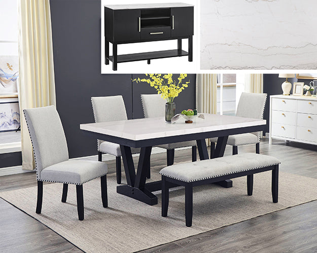 VARLEY MARBLE TBL/SIDE CHAIRS,BENCH