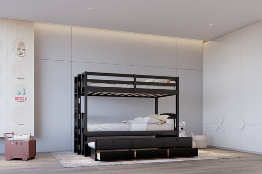 BB40 TWIN/TWIN Bunk Bed w/Twin Trundle + 3 Drawers Black