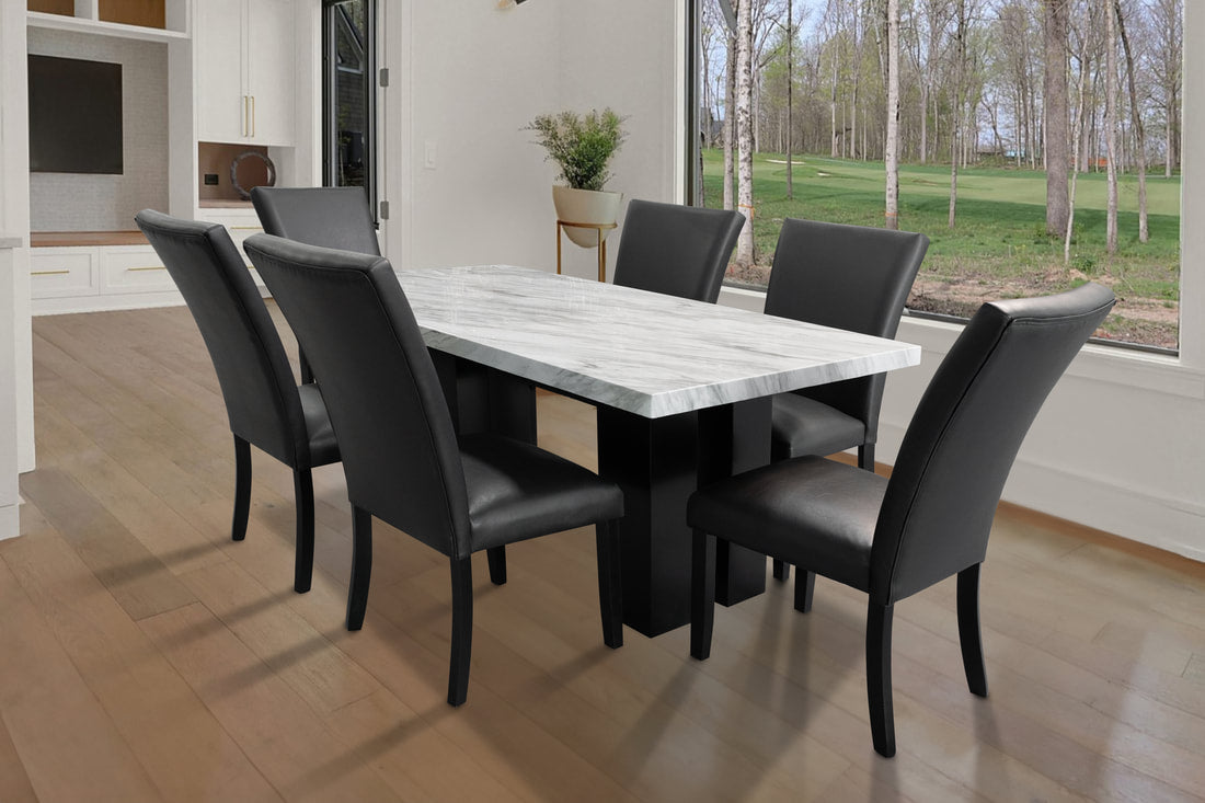 1220 PU Black - (FAUX MARBLE) Dining Table + 6 Chair Set