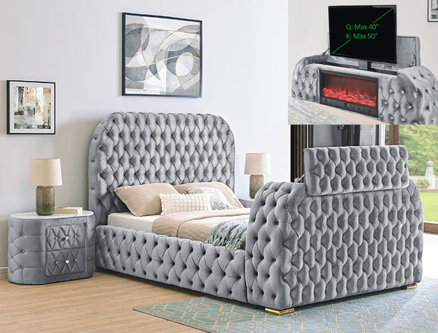 NATALIA BED W/FIREPLACE,TV LIFT GY