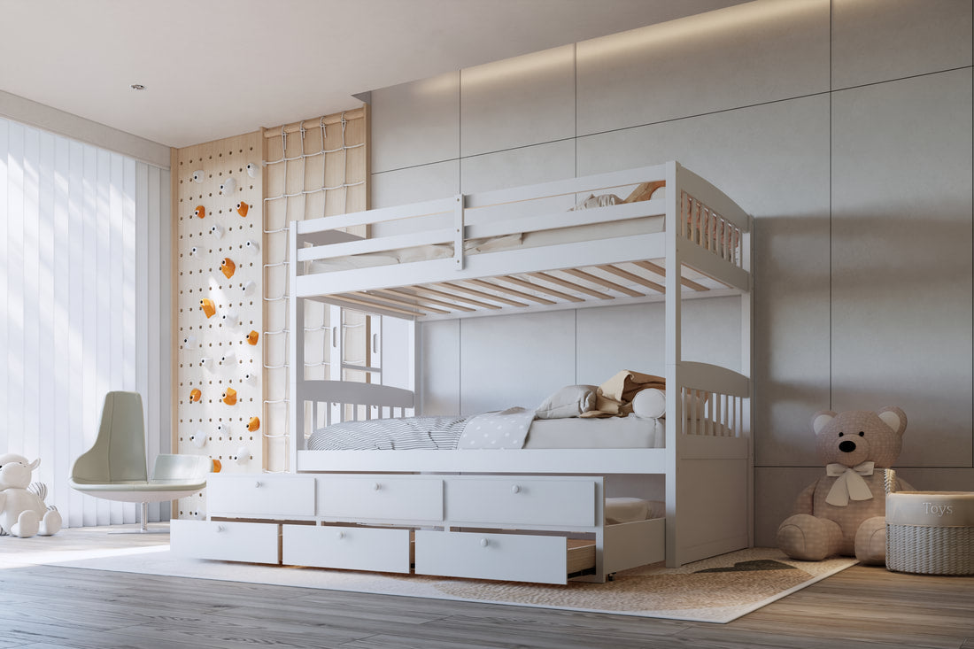 BB40 TWIN/TWIN Bunk Bed w/Twin Trundle + 3 Drawers White